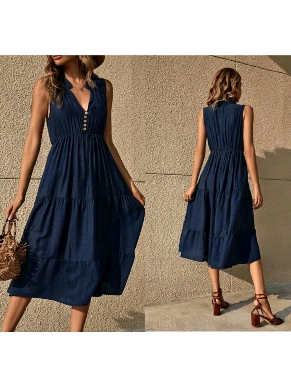 Brovave Dark Blue/Navy Tiered Midi Dress, Size Large